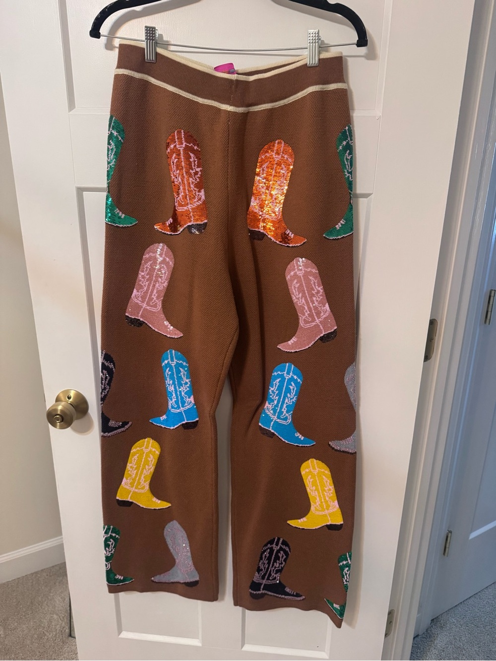 BRAND NEW Queen of Sparkles Brown Cowboy Boot Knit Pants WITH SEQUINS western - Picture 5 of 6